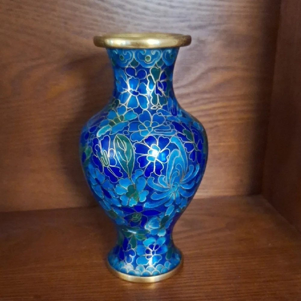 Vintage Cloisonne Elegant Blue and Gold Floral Vase
